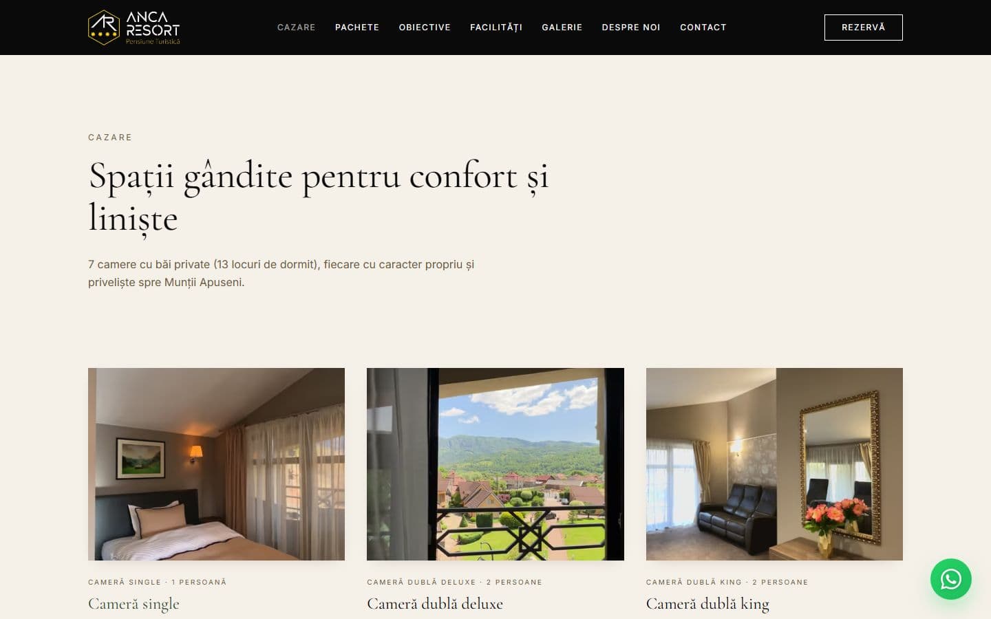 Pagina de cazare din Anca Resort, cu tipurile de cameră — single, dublă deluxe, dublă king — capacitatea fiecăreia și prețul pe noapte.